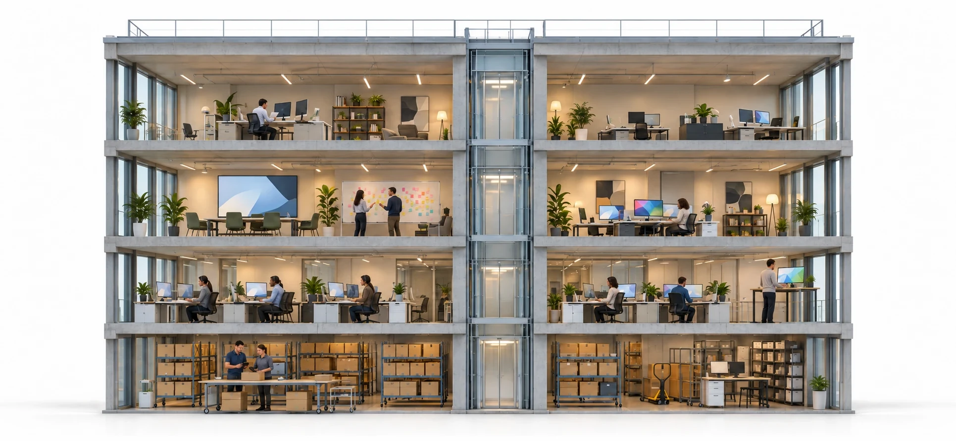 Illustration: a company where people and AI agents work side by side, floor by floor